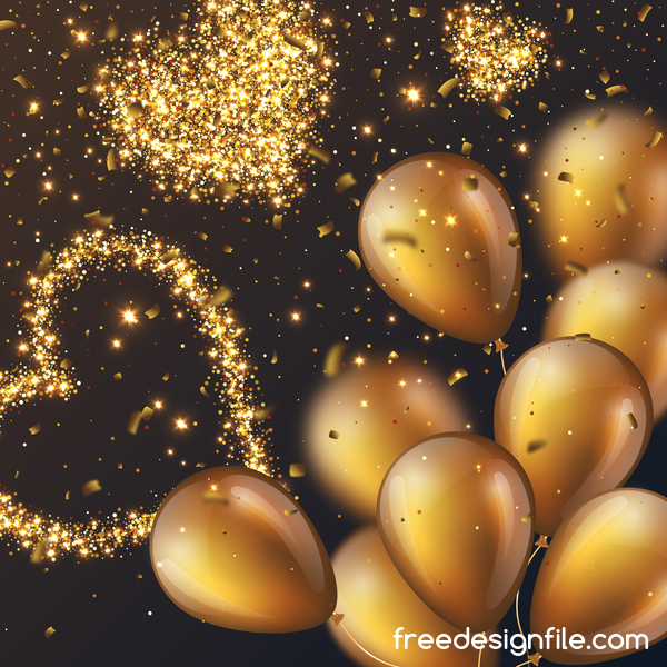 Golden balloons with heart and confetti vector