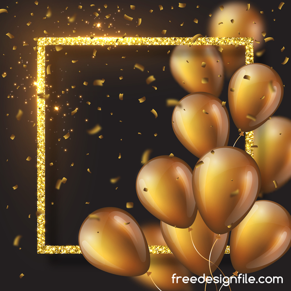 Golden frame with golden balloon and confetti vector 01