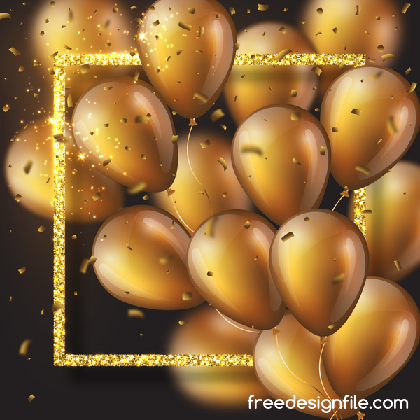 Golden frame with golden balloon and confetti vector 02