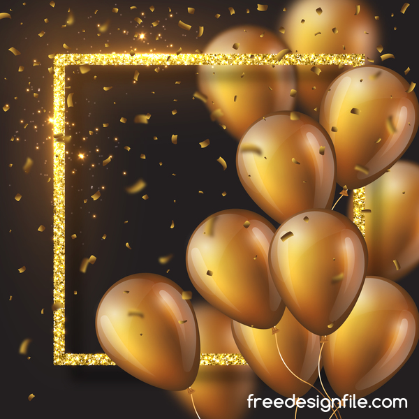 Golden frame with golden balloon and confetti vector 03