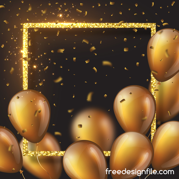 Golden frame with golden balloon and confetti vector 04