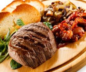 Grilled steak with toast and side dishes HD picture