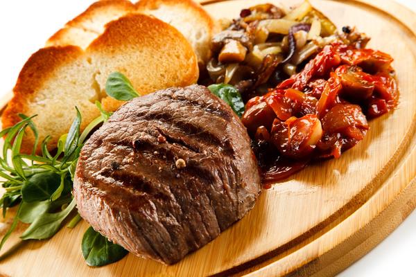 Grilled steak with toast and side dishes HD picture