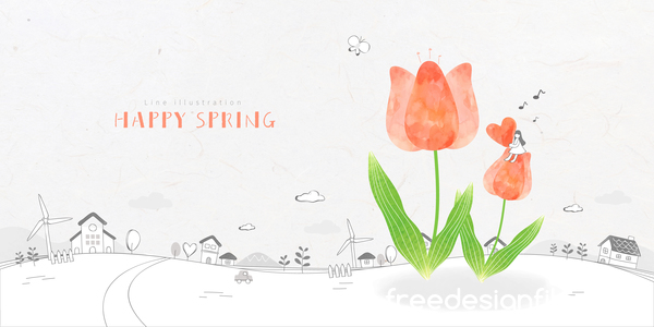 Happy spring line background illustration vector 05