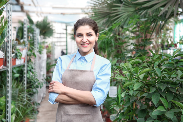 In greenhouses woman Stock Photo