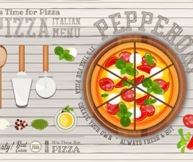 Italian pizza menu with white wooden background vectors 02