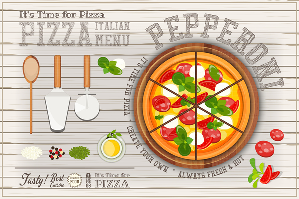 Italian pizza menu with white wooden background vectors 02