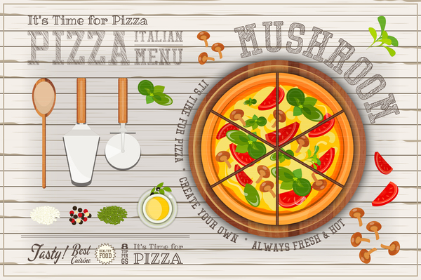 Italian pizza menu with white wooden background vectors 03
