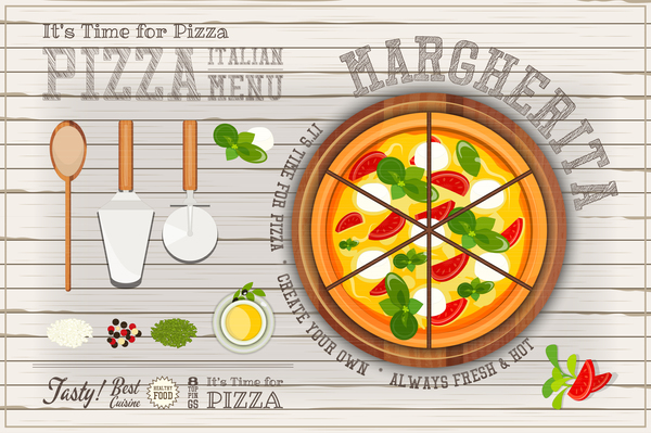 Italian pizza menu with white wooden background vectors 04