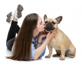 Kiss the French Bulldog woman Stock Photo