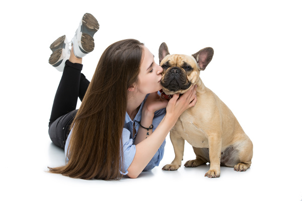 Kiss the French Bulldog woman Stock Photo