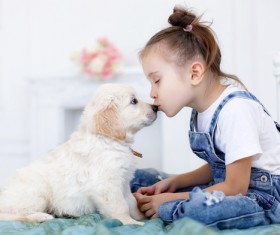 Kiss the little girl of the little dog Stock Photo