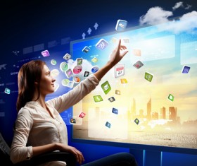 Large screen in front of high-tech management Stock Photo 01