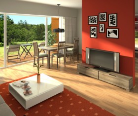 Living room TV coffee table with tables and chairs Stock Photo
