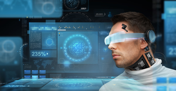 Man with futuristic glasses and sensors Stock Photo 01