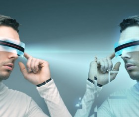 Man with futuristic glasses and sensors Stock Photo 06