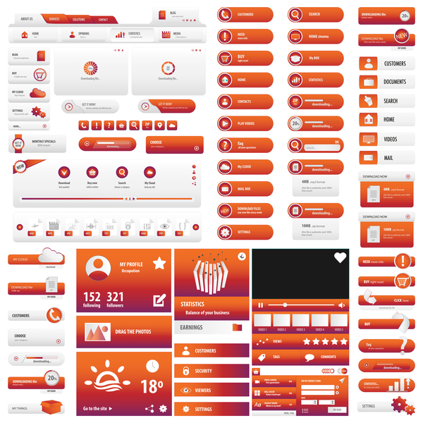 Orange red user interface button set vector
