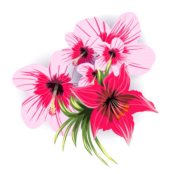Red with pink tropical flowers vector 03