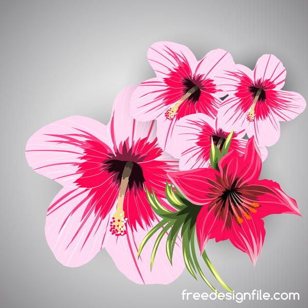 Red with pink tropical flowers vector 06