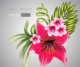 Red with pink tropical flowers vector 07