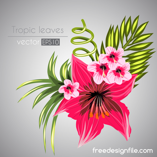Red with pink tropical flowers vector 07
