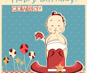 Retro birthday card with cowboy little nice baby vector