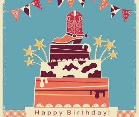 Retro happy birthday card with cake vector material