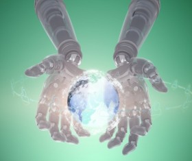 Robot hands with virtual sphere Stock Photo