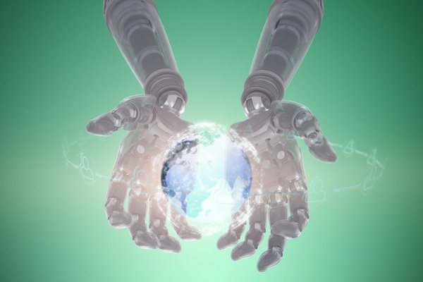 Robot hands with virtual sphere Stock Photo