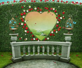 Roses and heart-shaped cage wall Stock Photo