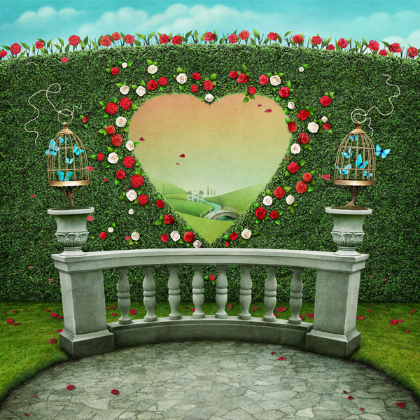 Roses and heart-shaped cage wall Stock Photo