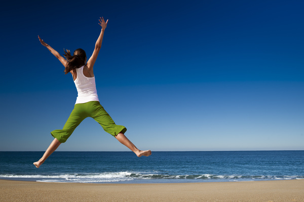 Seaside happy woman jump HD picture