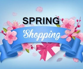 Spring shoping banner ribbon with flower background vector 01