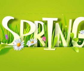 Spring text with grass and flower vector 01