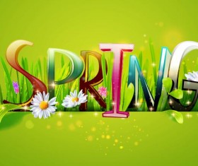 Spring text with grass and flower vector 02