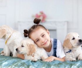 The little girl with a head pillow on a dog Stock Photo