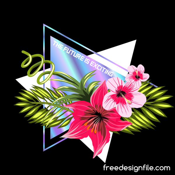 Tropical flowers with triangle and black background vector 03