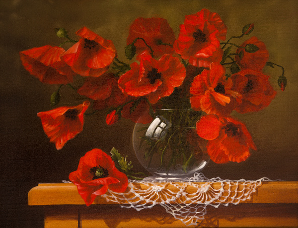 Vase in red flower painting Stock Photo