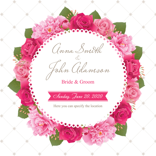Wedding card with peony and pink roses vector 01