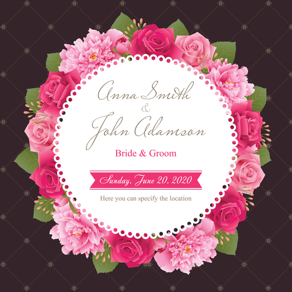 Wedding card with peony and pink roses vector 02