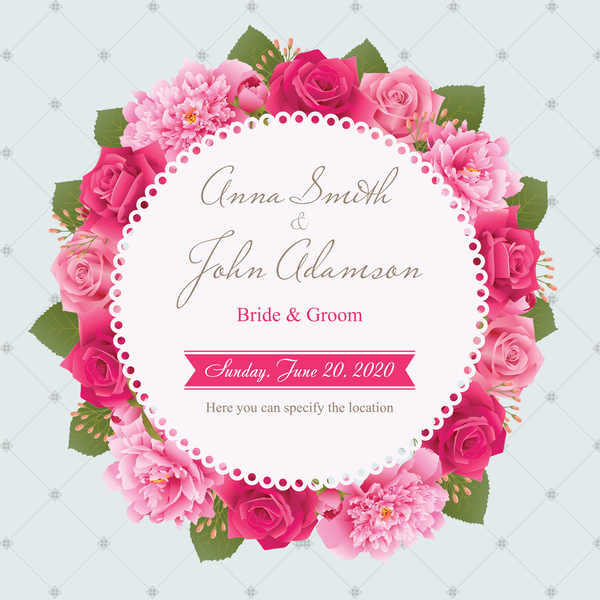 Wedding card with peony and pink roses vector 03