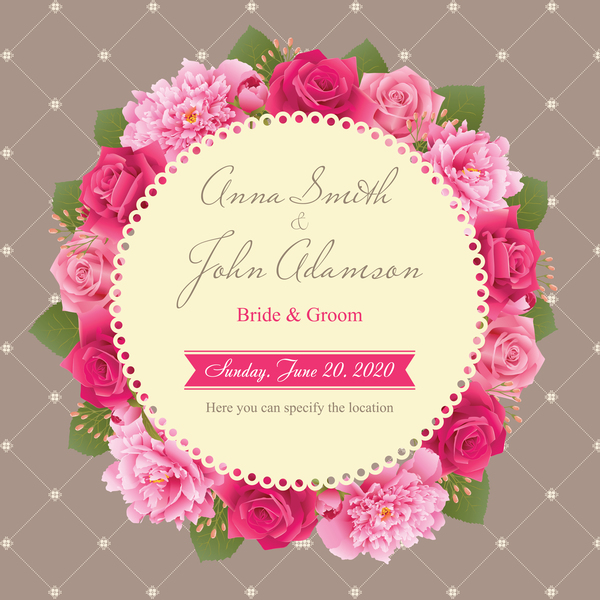 Wedding card with peony and pink roses vector 05