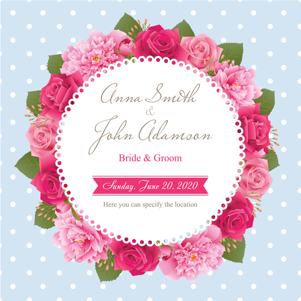 Wedding card with peony and pink roses vector 08