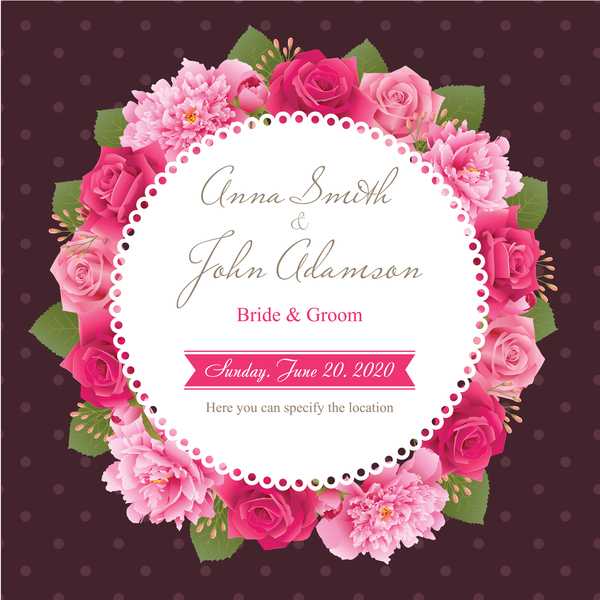 Wedding card with peony and pink roses vector 09