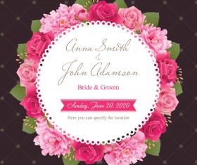 Wedding card with peony and pink roses vectors 02