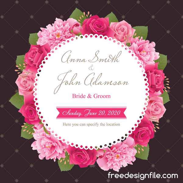 Wedding card with peony and pink roses vectors 02