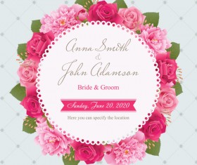 Wedding card with peony and pink roses vectors 03