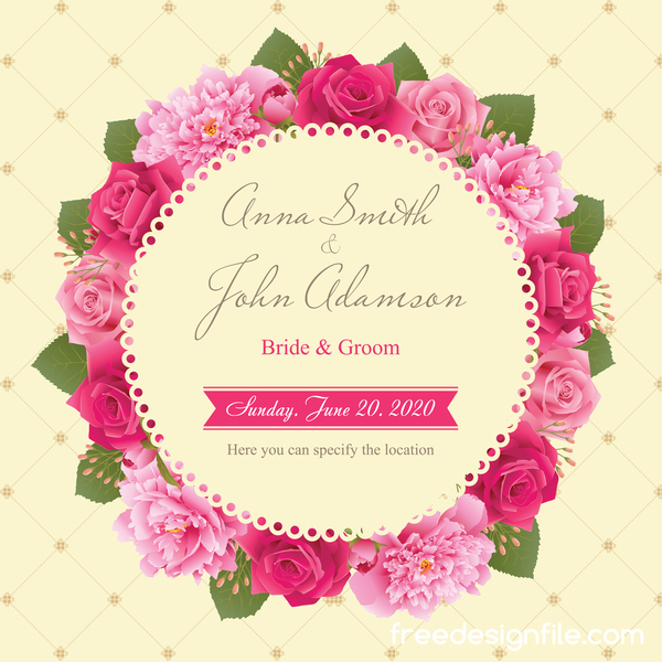 Wedding card with peony and pink roses vectors 04