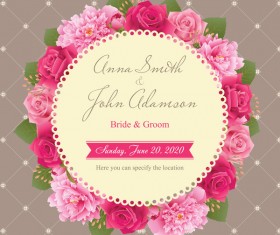 Wedding card with peony and pink roses vectors 05