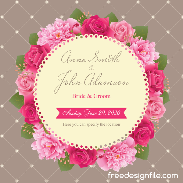 Wedding card with peony and pink roses vectors 05